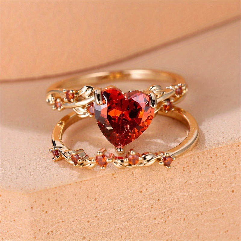 「Vine Heart」18K Gold Convertible Heart Stackable Ring Set