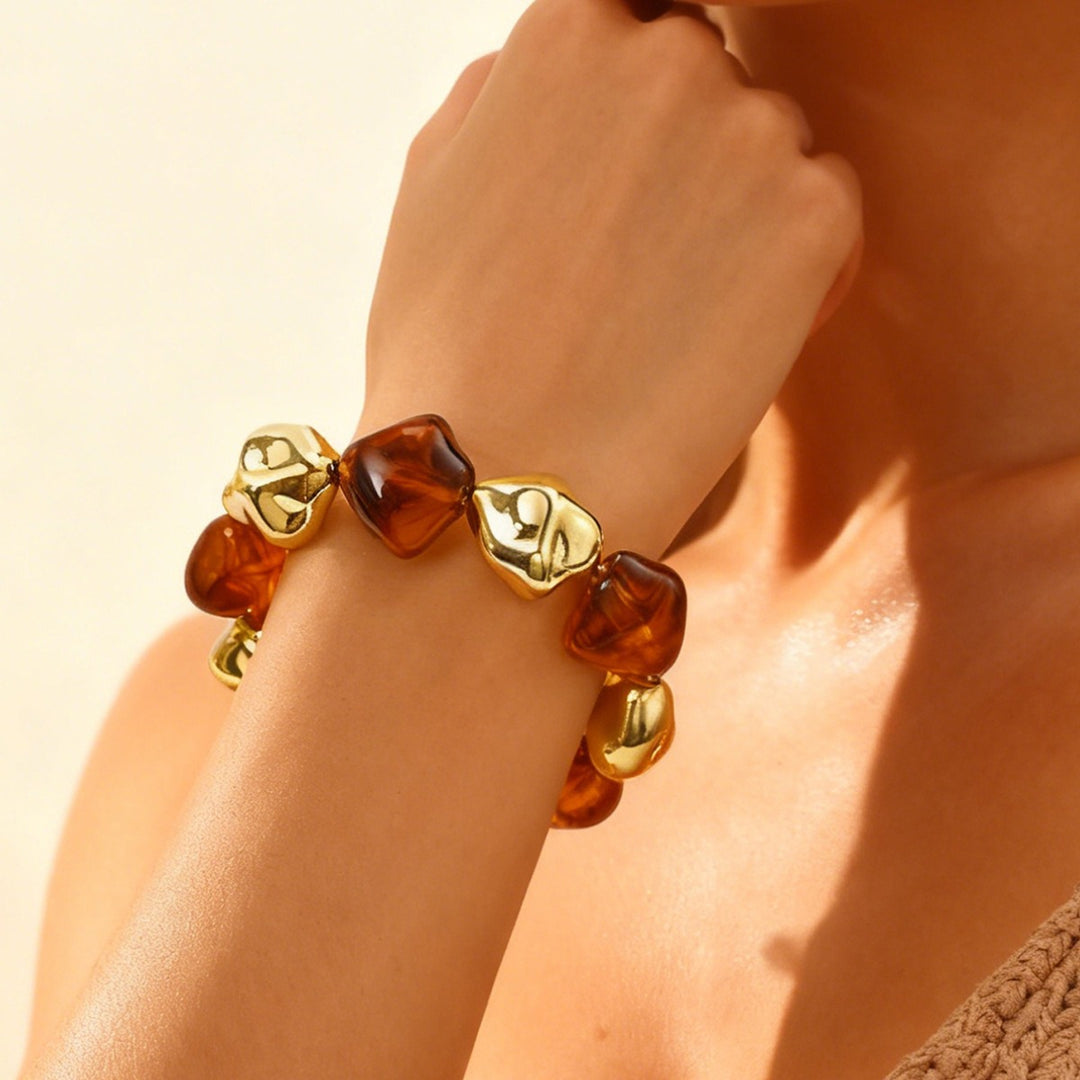 Amber Gold Resin Beaded Stretch Bracelet