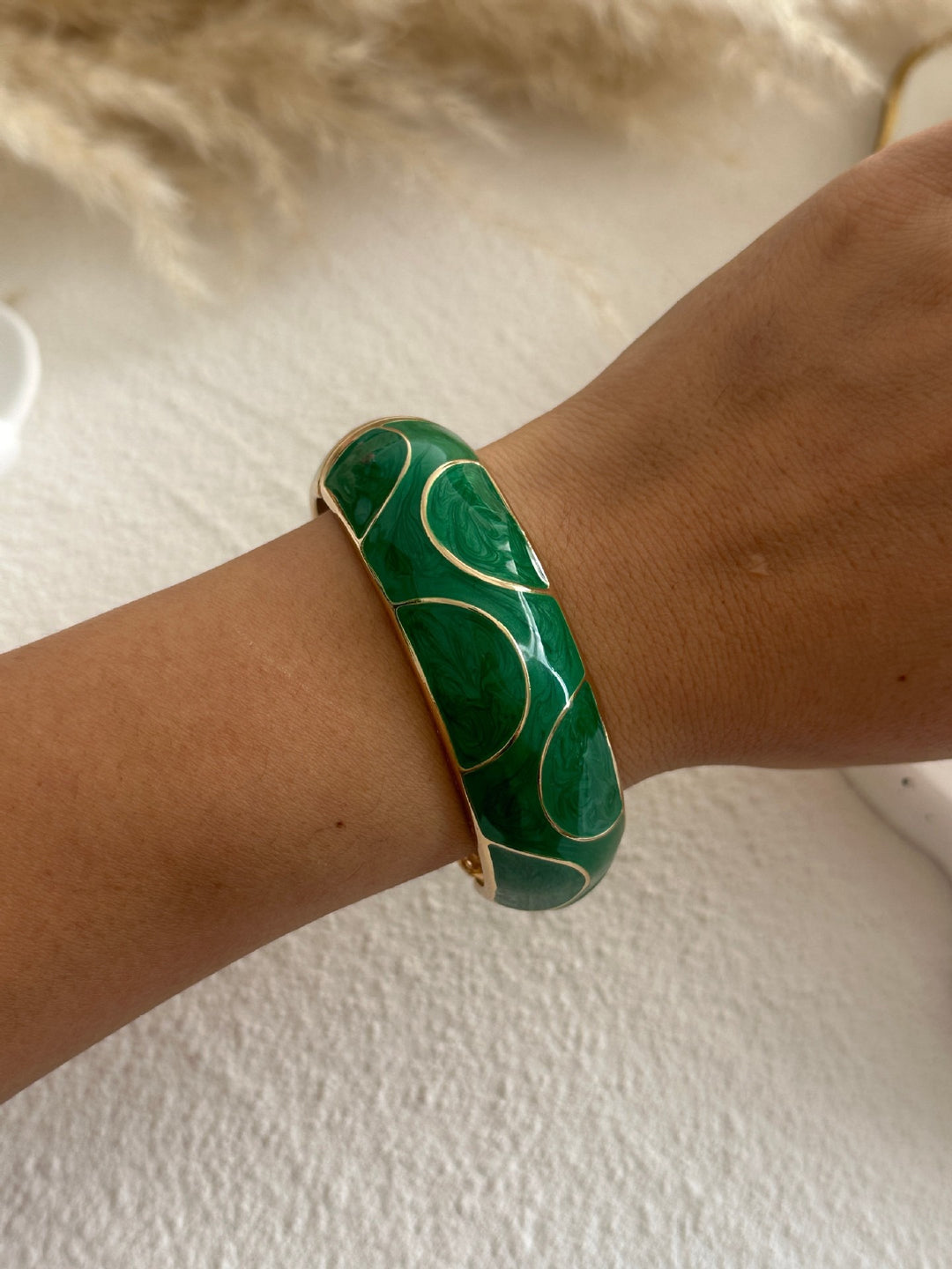 18K Gold Plated Vintage Enamel Wide Bangle Bracelet with Gold Outline