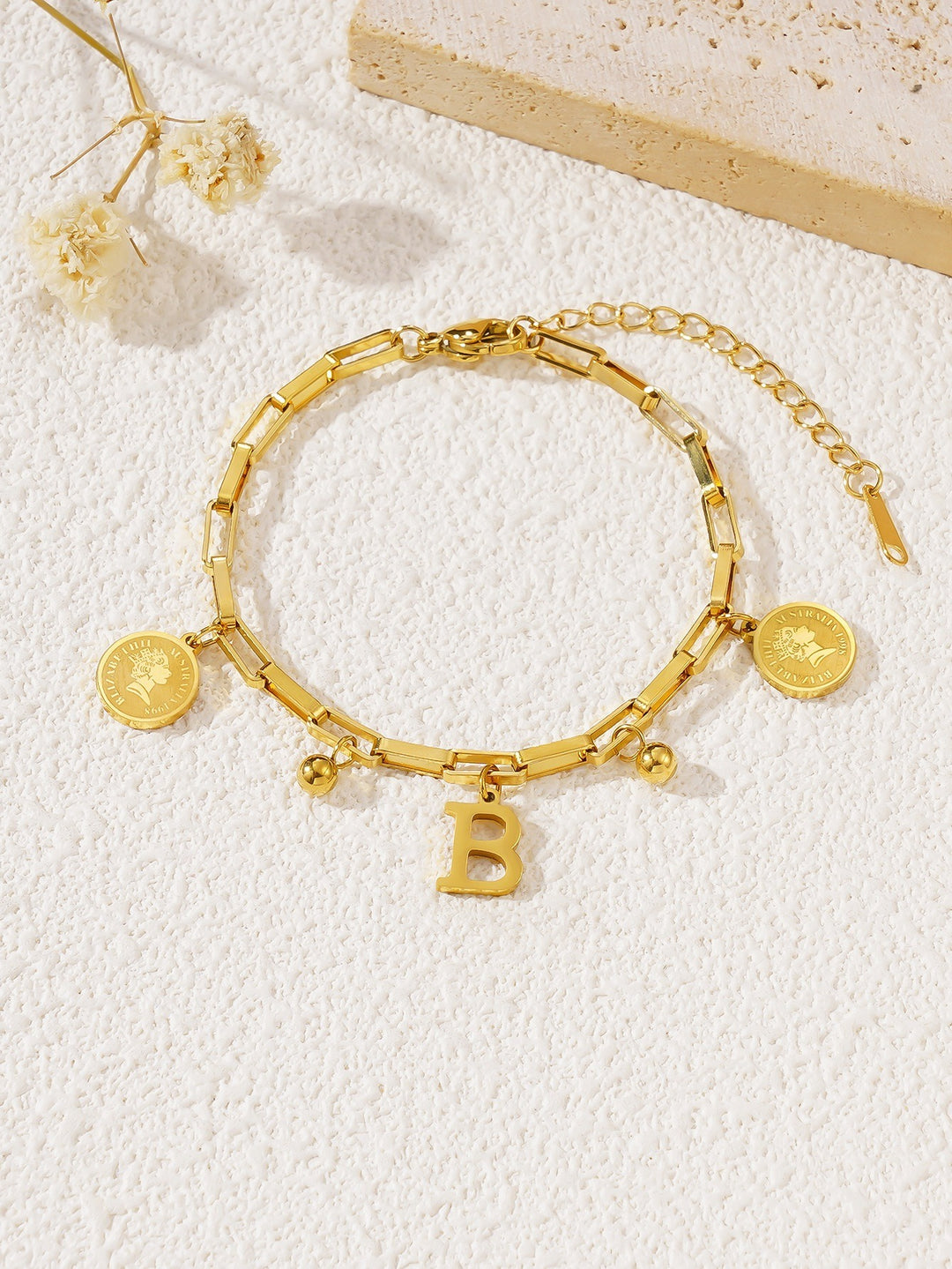 Personalized Initial Lucky Charm 26-Letter Vintage Coin 18K Gold Bracelet