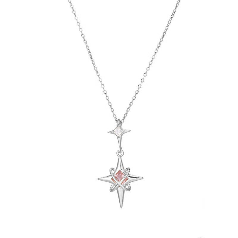 Galactic Wanderer Twin-Stars Dangle Necklace with Pink Clear Gems