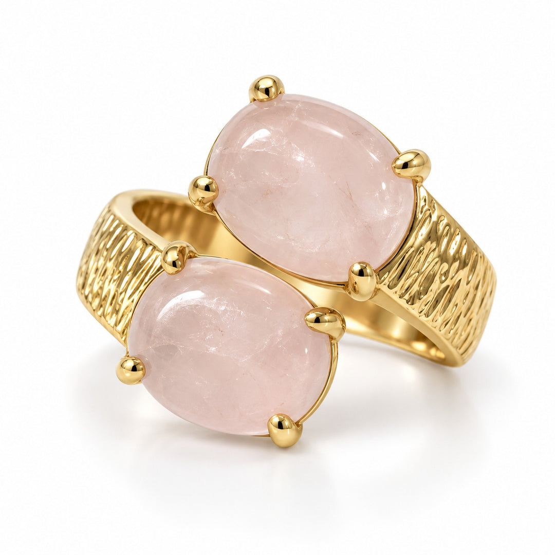 Natural Gemstone 18K Gold Plated Vintage Hammered Double-Stone Open Ring
