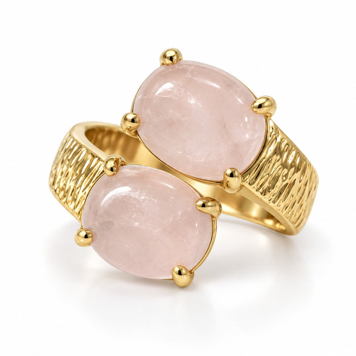 Natural Gemstone 18K Gold Plated Vintage Hammered Double-Stone Open Ring