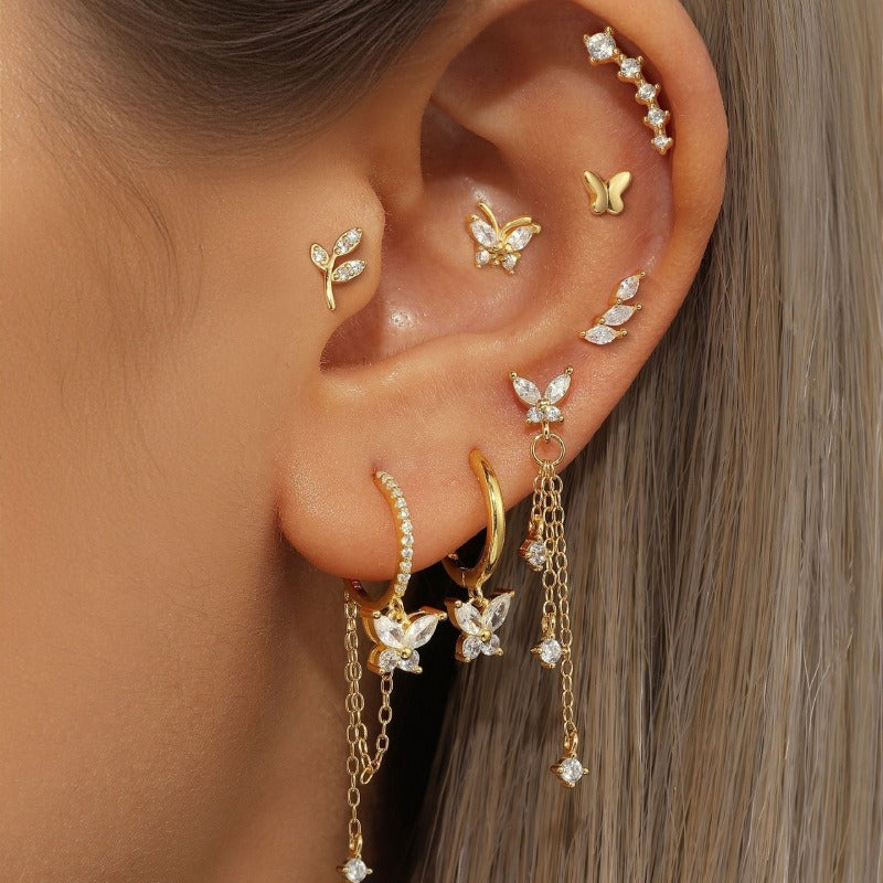 18K Gold Earring Set Celestial, Butterfly Western Charms