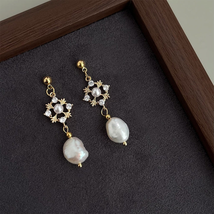 18K Gold Vintage Hollow Pearl Drop Earrings Freshwater Pearl & CZ Dangle Earrings