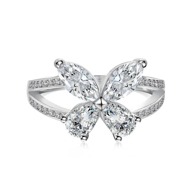 18K Gold Four-Stone Butterfly Open Ring Marquise CZ Adjustable Statement Ring