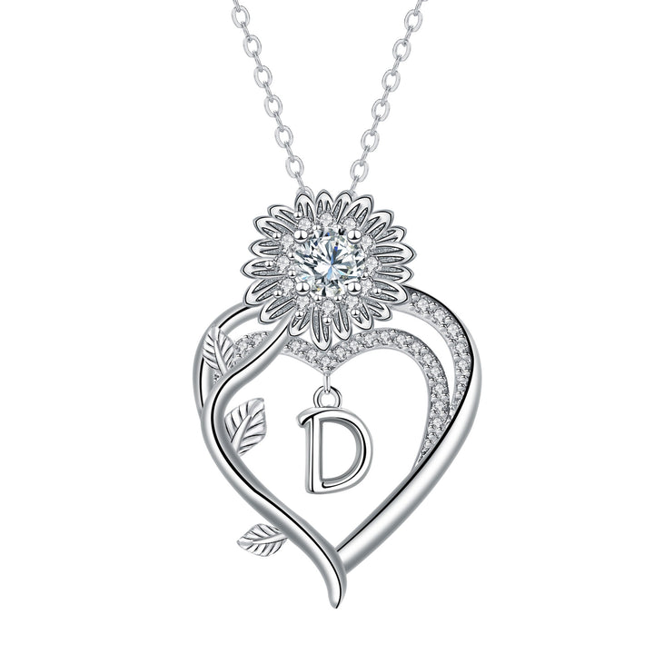 S925 Silver Sunflower Heart Initial Necklace Personalized A-Z Letter Pendant