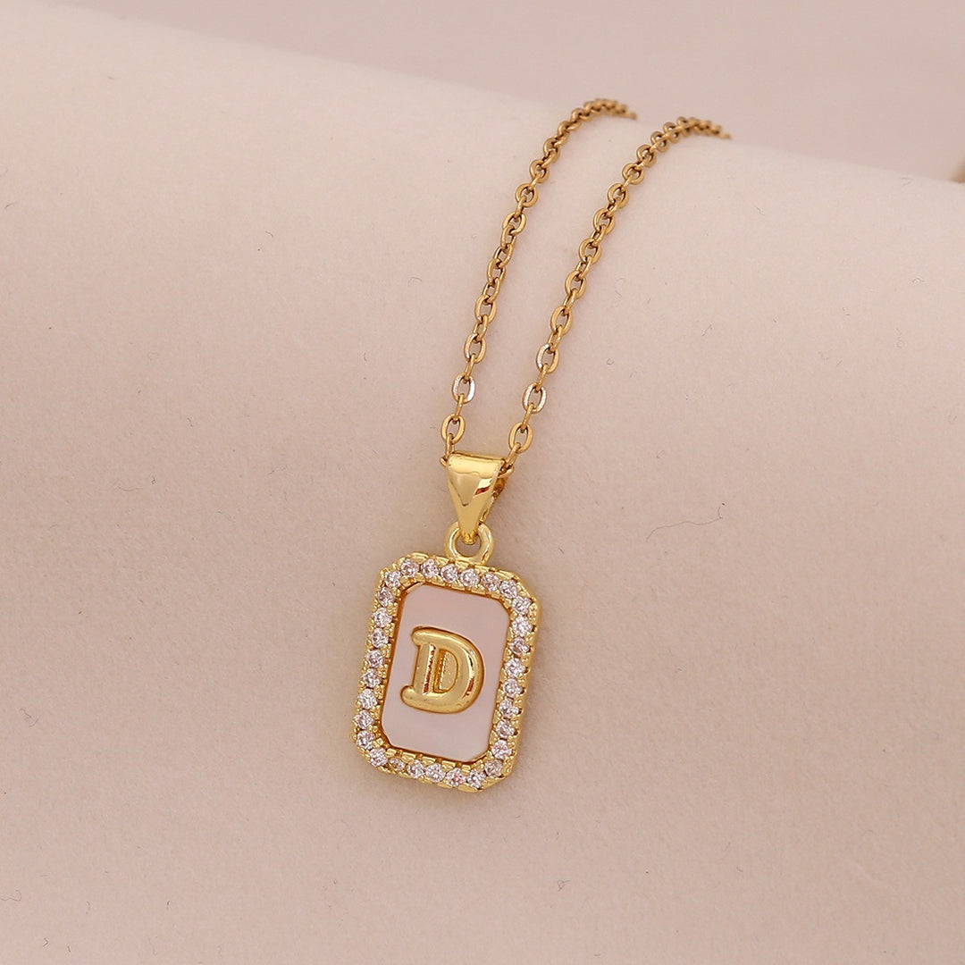 18K Gold Mother of Pearl Initial Necklace CZ Framed A-Z Square Letter Pendant