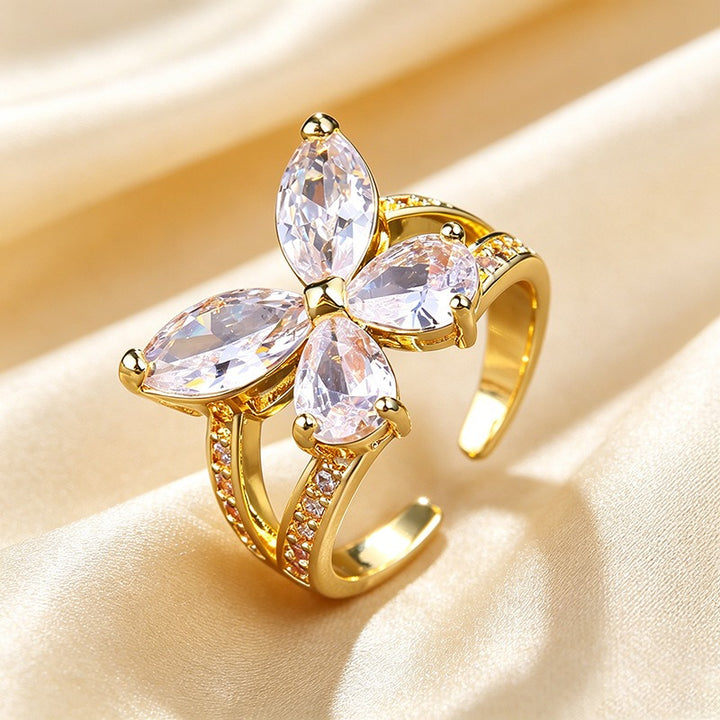 18K Gold Four-Stone Butterfly Open Ring Marquise CZ Adjustable Statement Ring