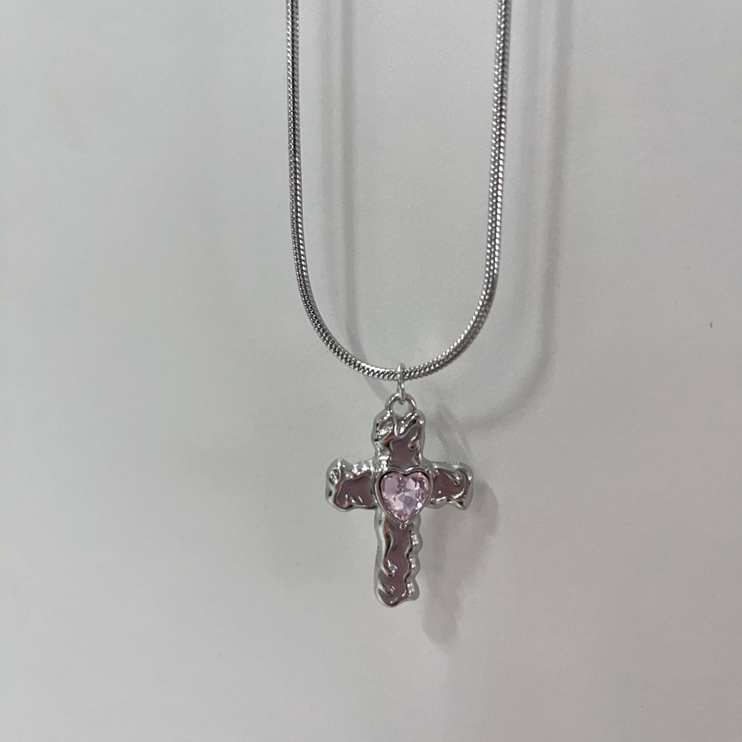S925 Sterling Silver Classic 5-Piece Necklace Set Pink Crystal Cross & Heart Pendants