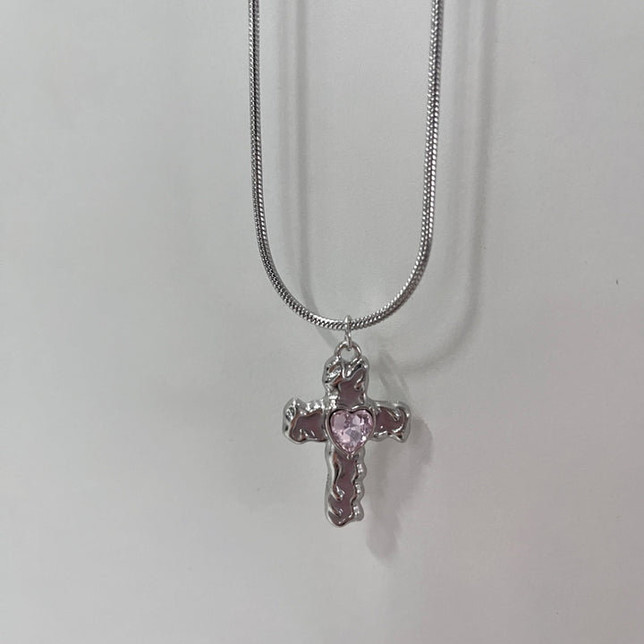 S925 Sterling Silver Classic 5-Piece Necklace Set Pink Crystal Cross & Heart Pendants