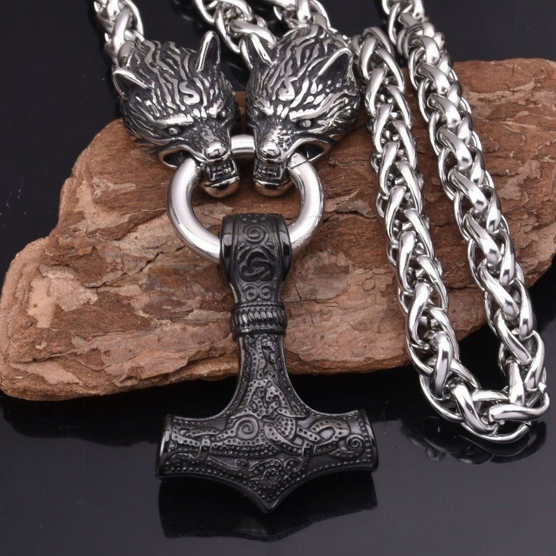 Viking Double Wolf Mjolnir Necklace