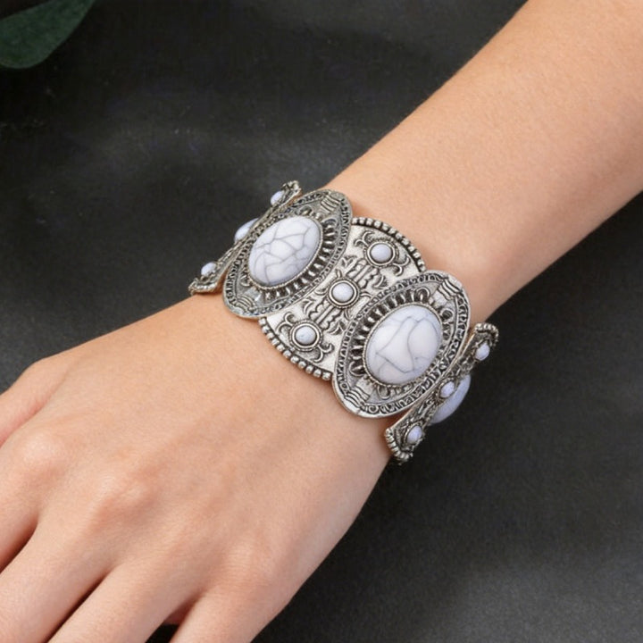 Vintage Bohemian Tribal Engraved Natural Stone Wide Cuff Bracelet