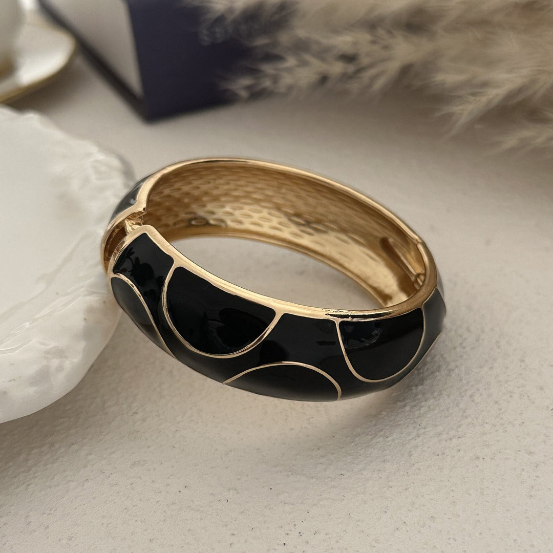 18K Gold Plated Vintage Enamel Wide Bangle Bracelet with Gold Outline