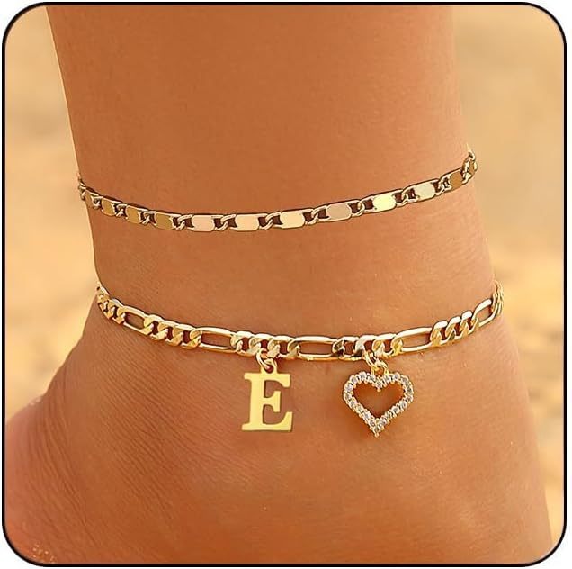 Personalized Initial 26-Letter Heart Pave Figaro Chain Gold Anklet