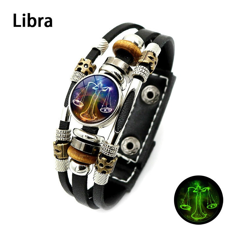 Glow in The Dark 12 Zodiac Multilayer Leather Bracelet