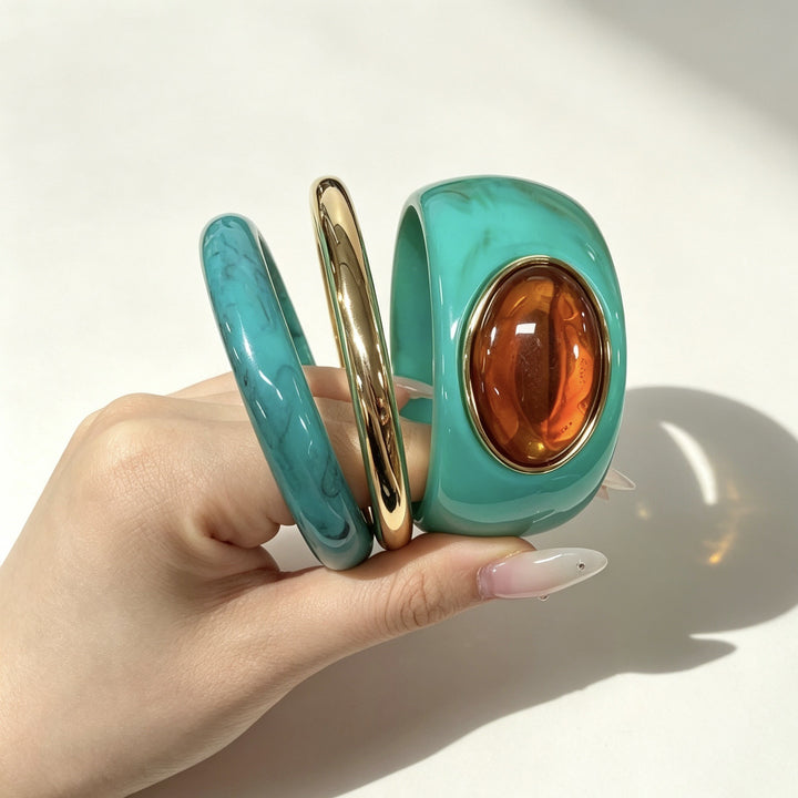 Vintage Gold Resin Gemstone 3-Piece Bangle Set