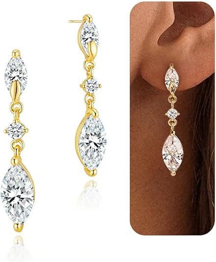 S925 Silver Dangle Earrings Classic Marquise Three-Stone Drop Earrings