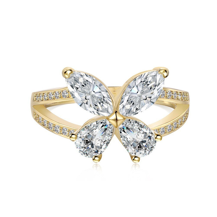 18K Gold Four-Stone Butterfly Open Ring Marquise CZ Adjustable Statement Ring