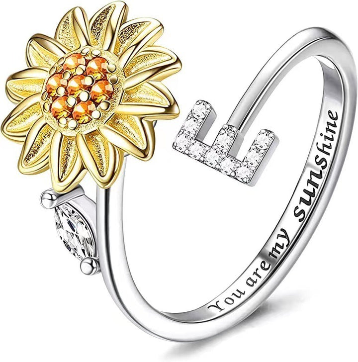 S925 Silver Sunflower Spinner Ring Personalized A-Z Initial CZ