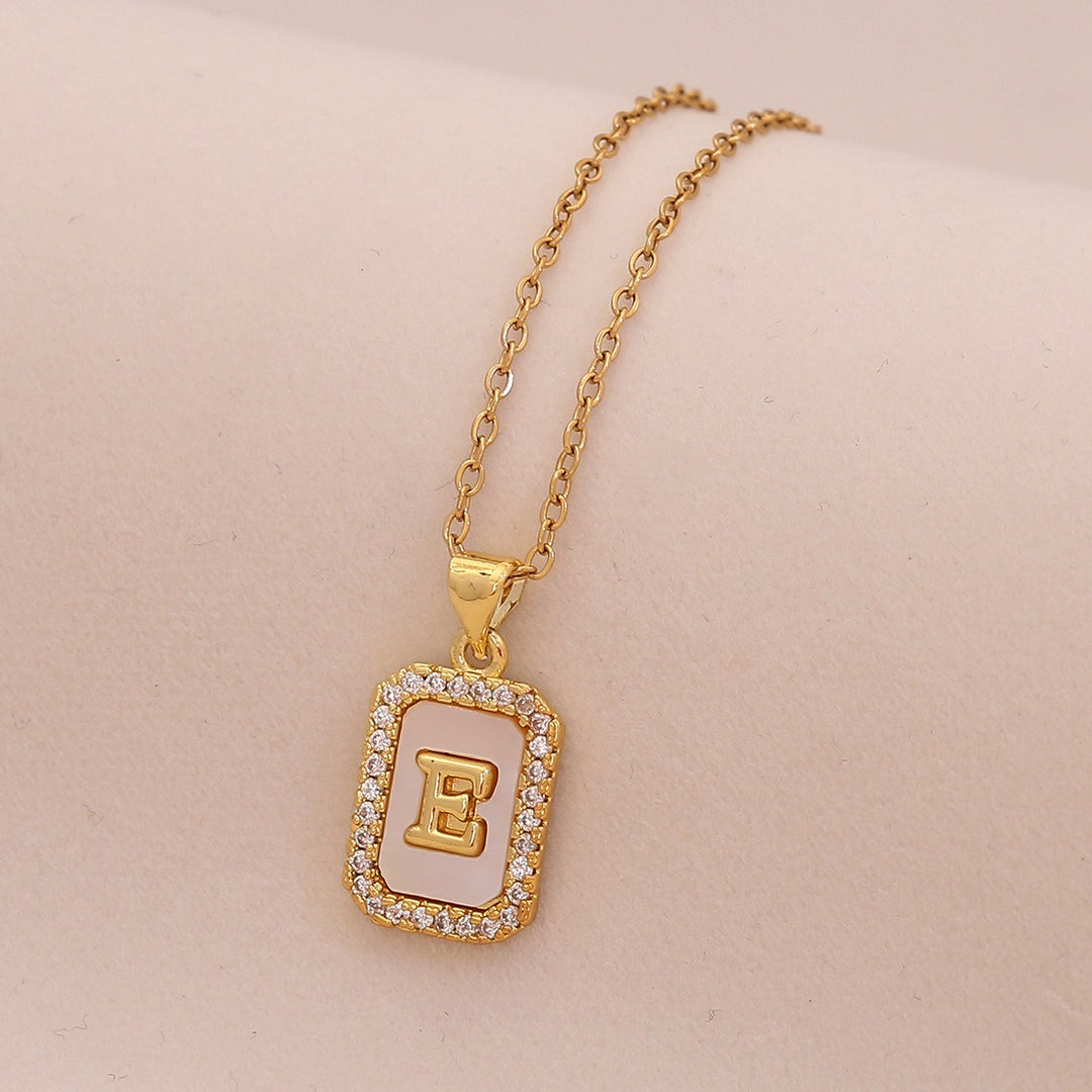 18K Gold Mother of Pearl Initial Necklace CZ Framed A-Z Square Letter Pendant