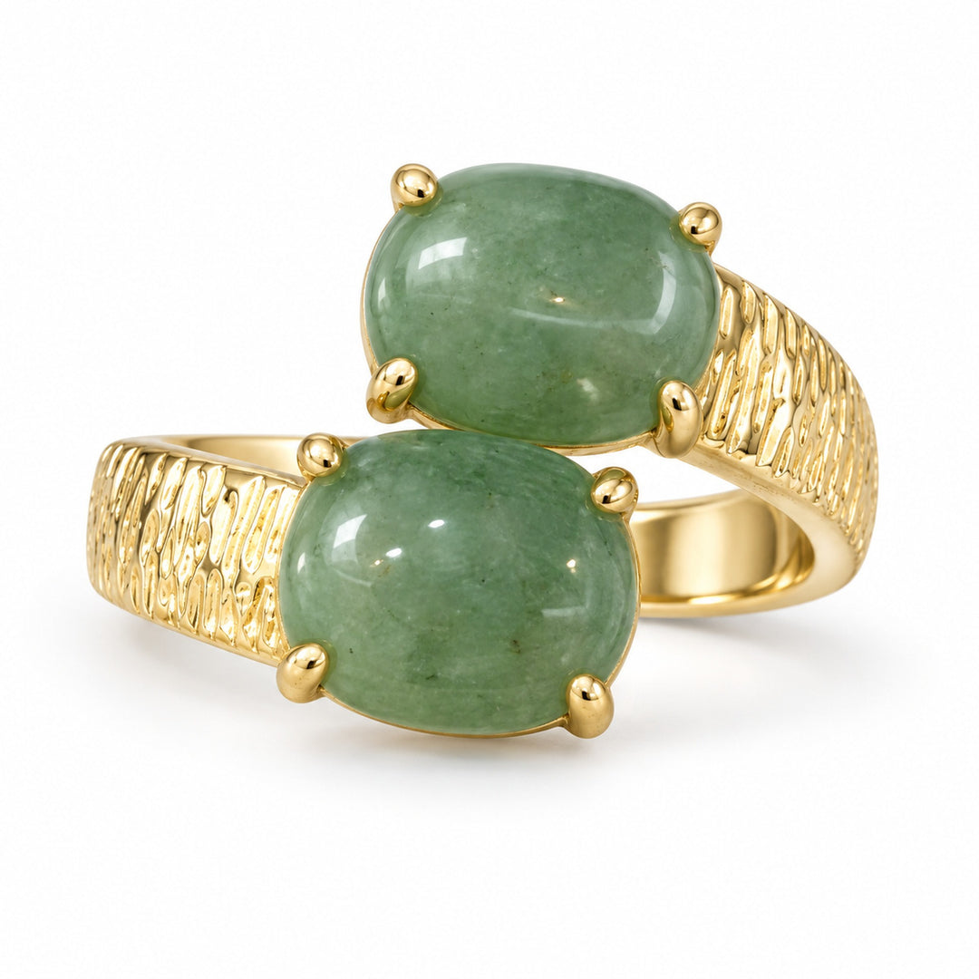 Natural Gemstone 18K Gold Plated Vintage Hammered Double-Stone Open Ring