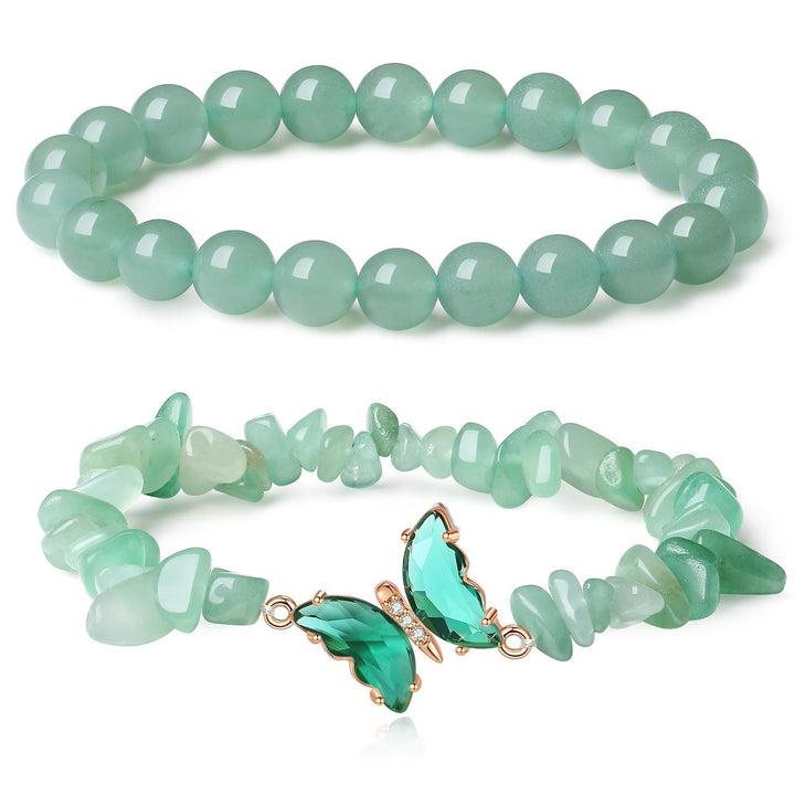 Butterfly Charm Natural Crystal Beaded & Chip Bracelet Set