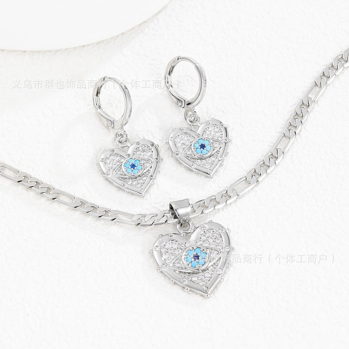 Evil Eye Guardian Heart Pave Diamond Necklace Earrings Set
