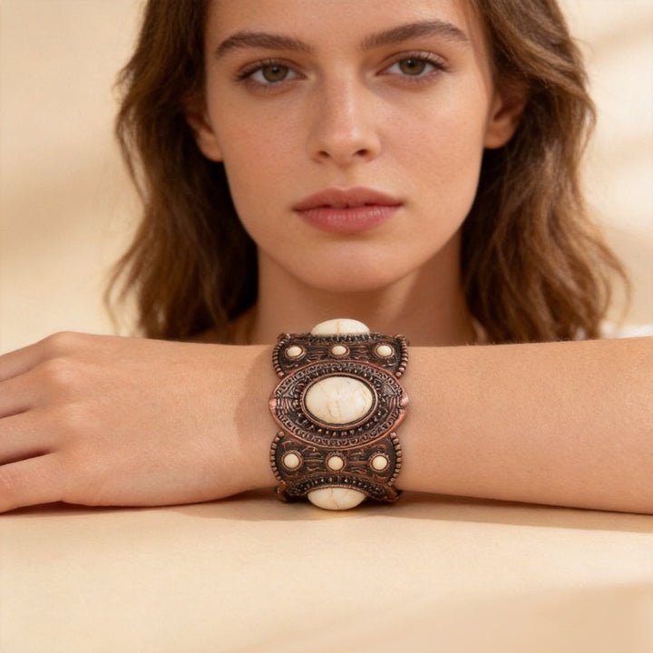 Vintage Bohemian Tribal Engraved Natural Stone Wide Cuff Bracelet