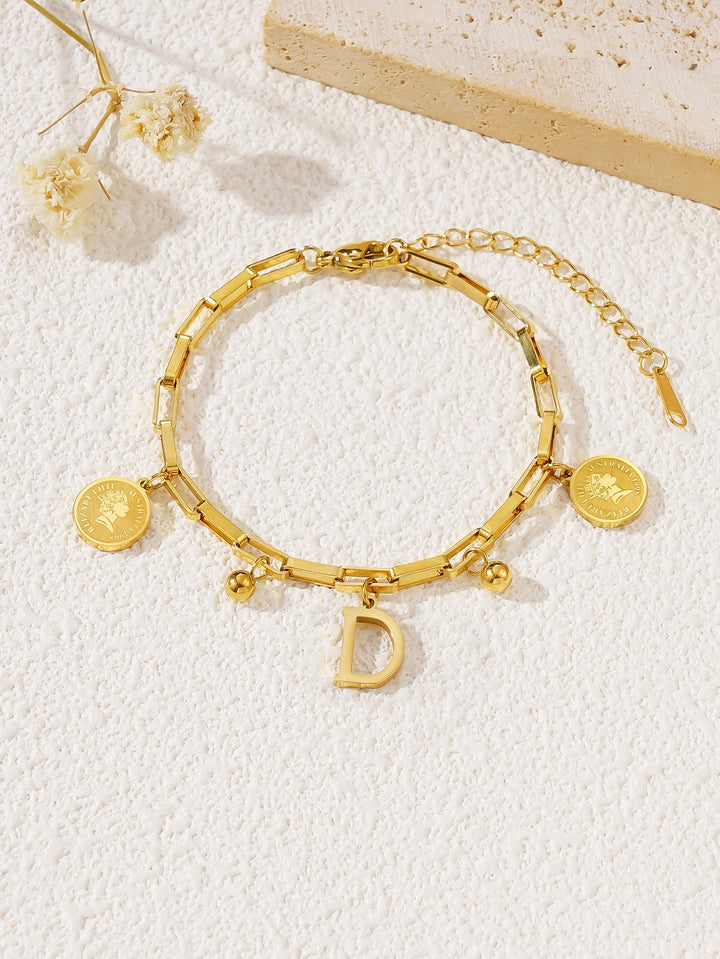 Personalized Initial Lucky Charm 26-Letter Vintage Coin 18K Gold Bracelet