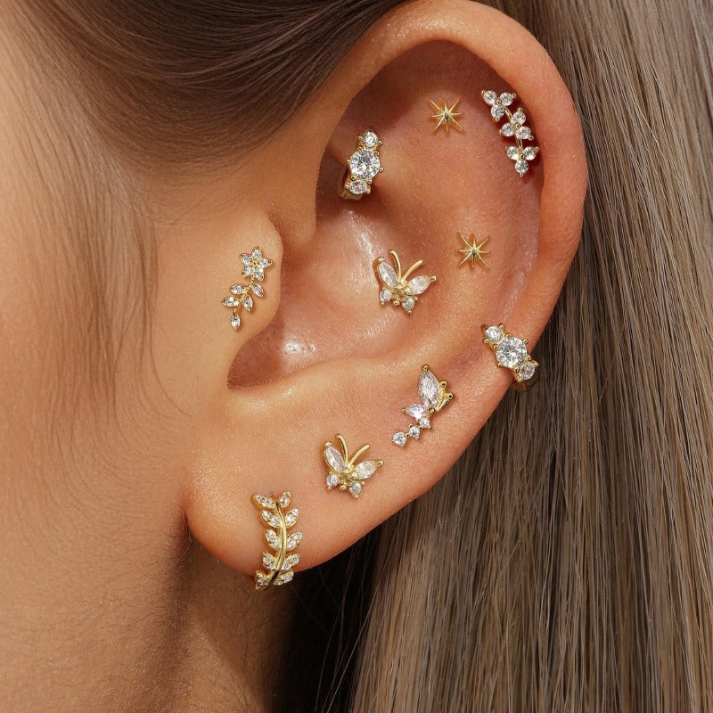 18K Gold Earring Set Celestial, Butterfly Western Charms