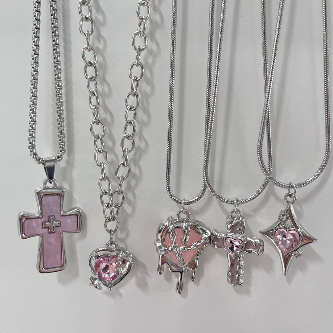 S925 Sterling Silver Classic 5-Piece Necklace Set Pink Crystal Cross & Heart Pendants