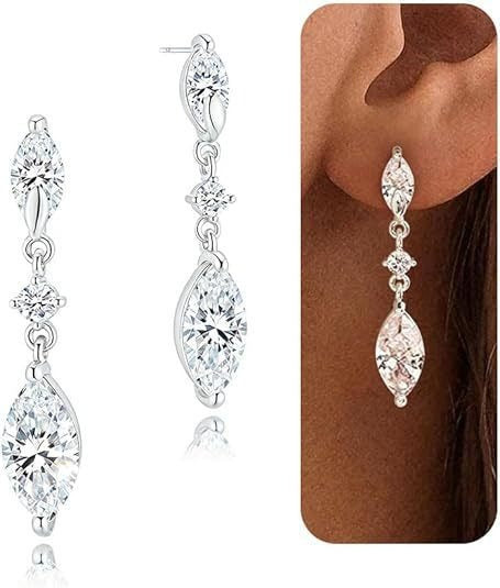 S925 Silver Dangle Earrings Classic Marquise Three-Stone Drop Earrings