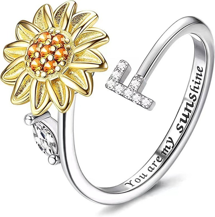 S925 Silver Sunflower Spinner Ring Personalized A-Z Initial CZ