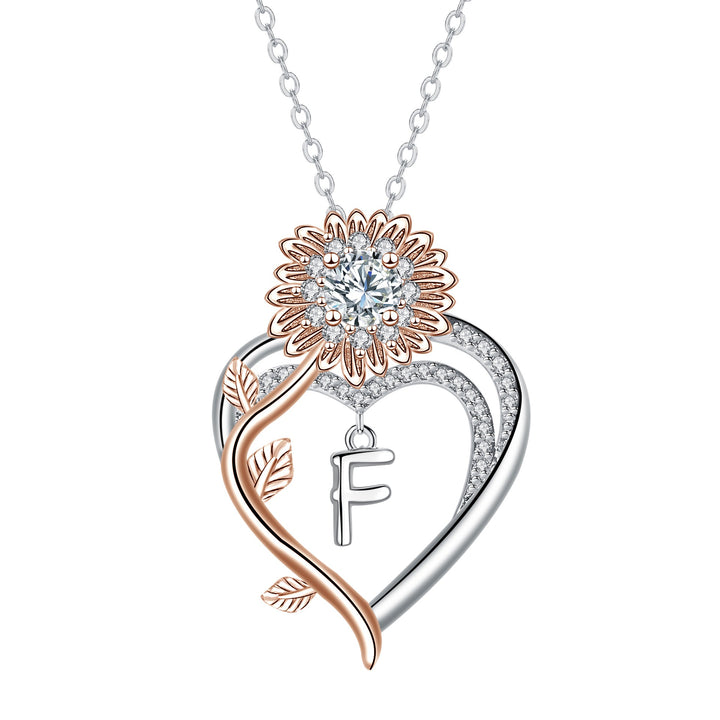 S925 Silver Sunflower Heart Initial Necklace Personalized A-Z Letter Pendant