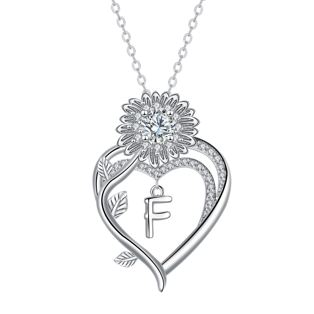 S925 Silver Sunflower Heart Initial Necklace Personalized A-Z Letter Pendant