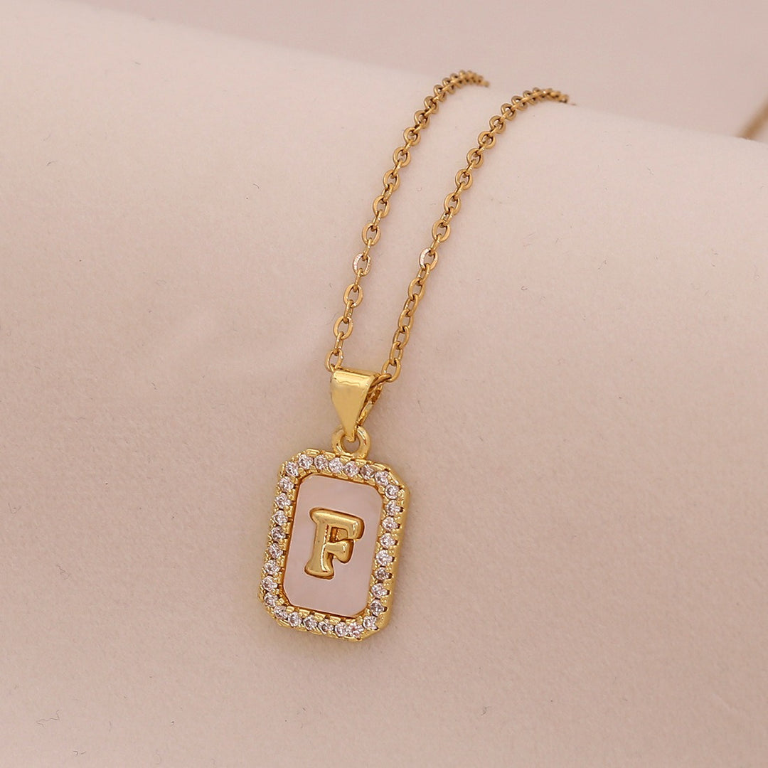 18K Gold Mother of Pearl Initial Necklace CZ Framed A-Z Square Letter Pendant