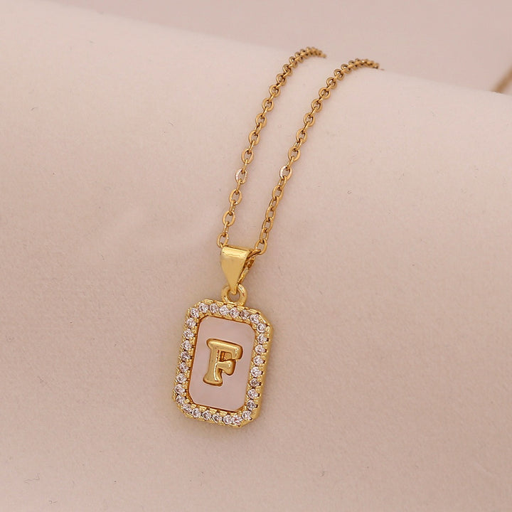 18K Gold Mother of Pearl Initial Necklace CZ Framed A-Z Square Letter Pendant