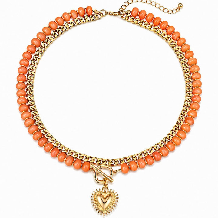18K Gold Plated Double Layer Beaded Heart Necklace