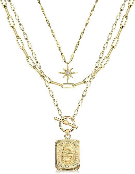 Personalized Initial 14K Gold Vintage Square Tag Letter Necklace