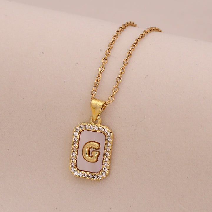 18K Gold Mother of Pearl Initial Necklace CZ Framed A-Z Square Letter Pendant