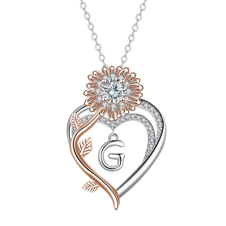 S925 Silver Sunflower Heart Initial Necklace Personalized A-Z Letter Pendant