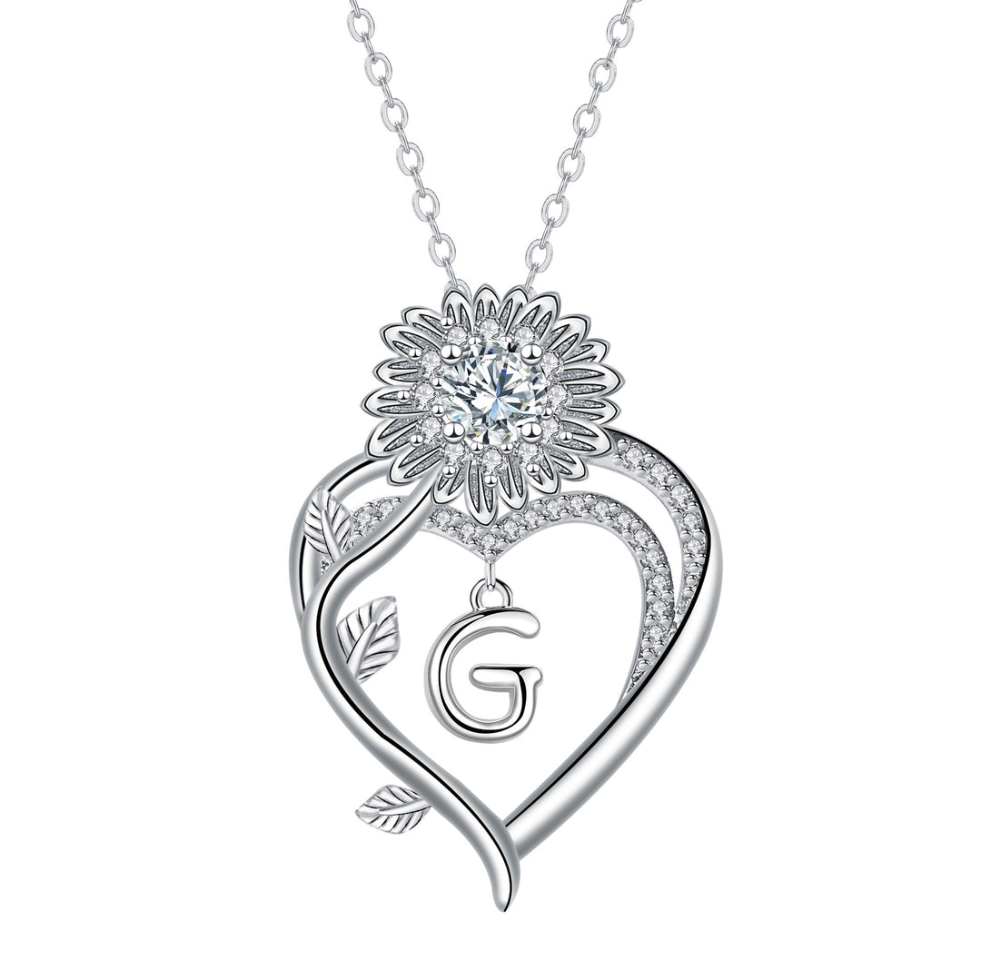 S925 Silver Sunflower Heart Initial Necklace Personalized A-Z Letter Pendant