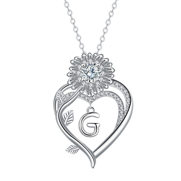 S925 Silver Sunflower Heart Initial Necklace Personalized A-Z Letter Pendant