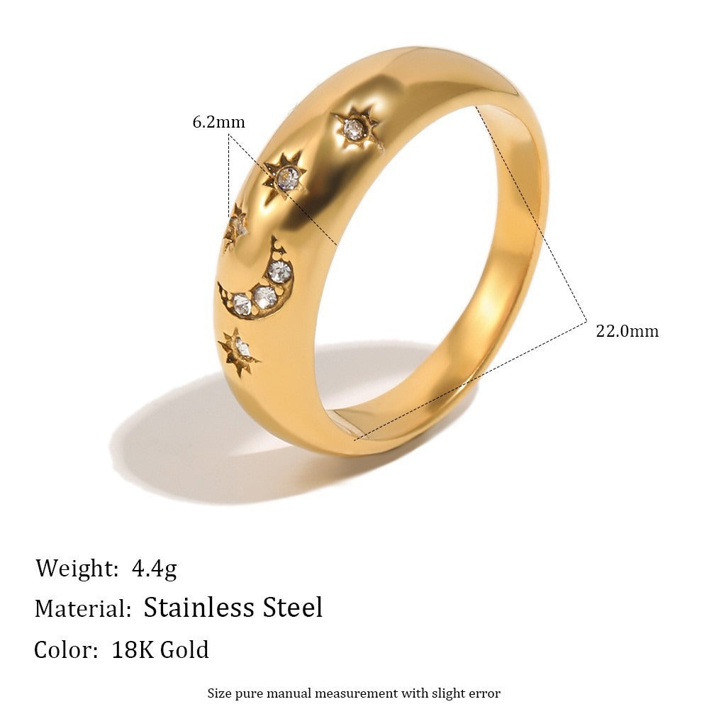 18K Gold Plated Star & Moon Safety Pin Carved Unisex Ring Series