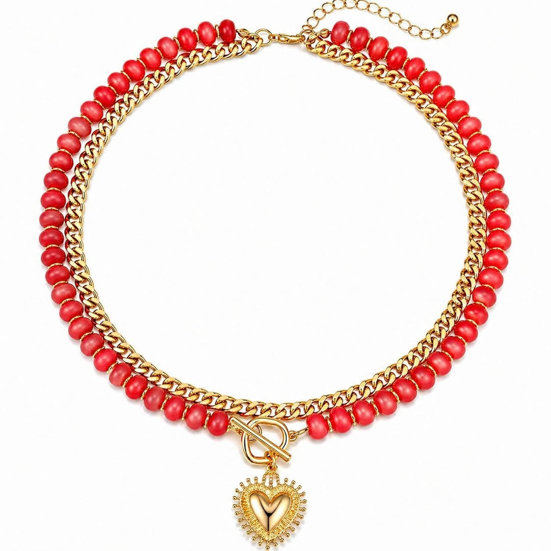 18K Gold Plated Double Layer Beaded Heart Necklace