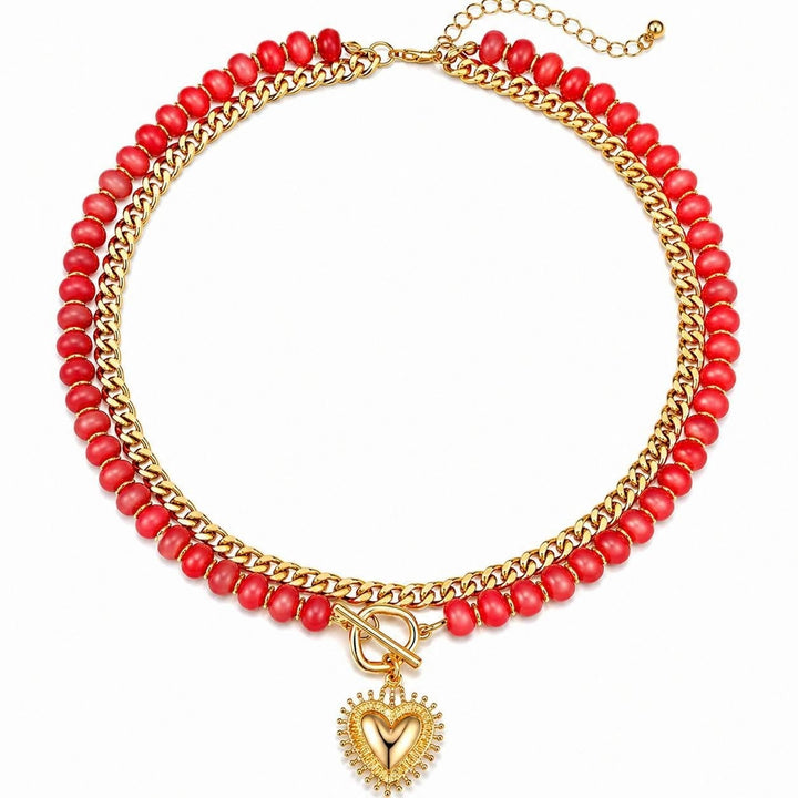 18K Gold Plated Double Layer Beaded Heart Necklace