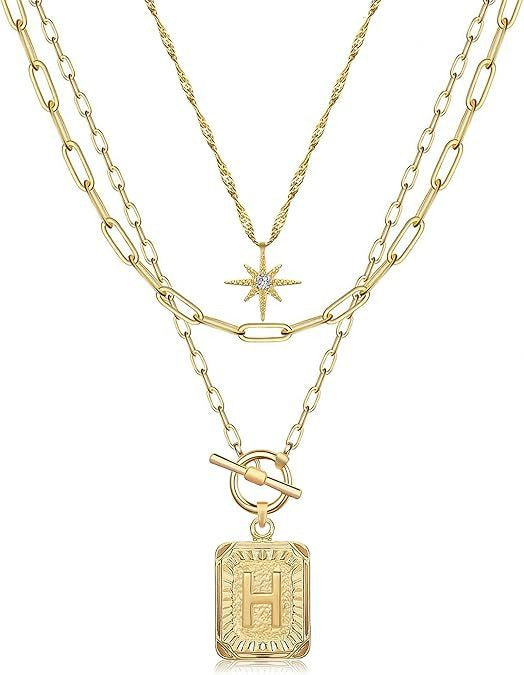Personalized Initial 14K Gold Vintage Square Tag Letter Necklace