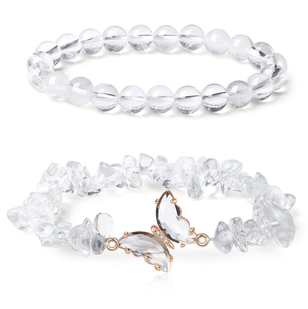 Butterfly Charm Natural Crystal Beaded & Chip Bracelet Set