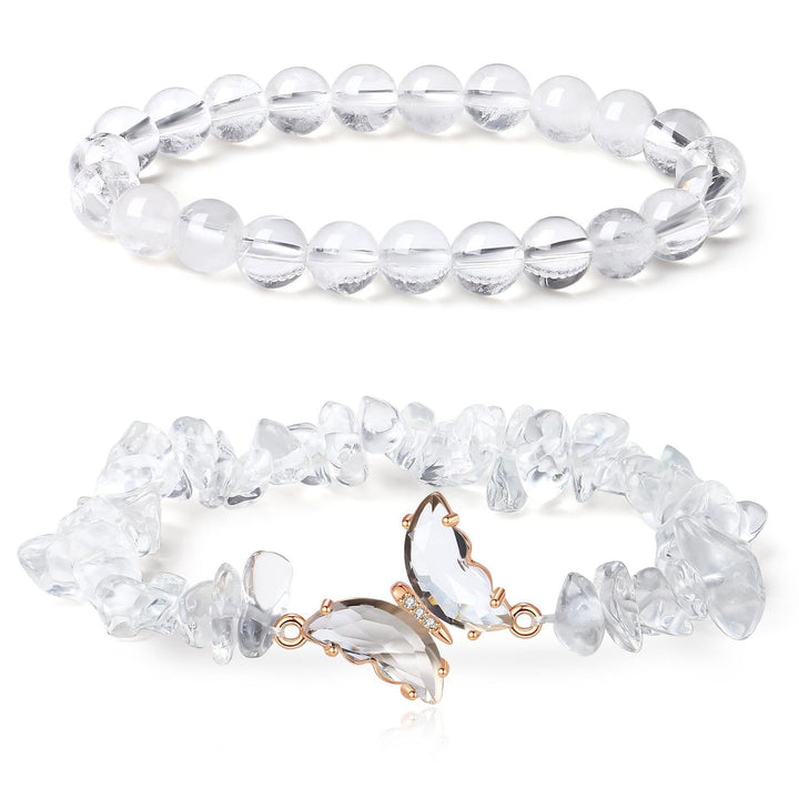 Butterfly Charm Natural Crystal Beaded & Chip Bracelet Set